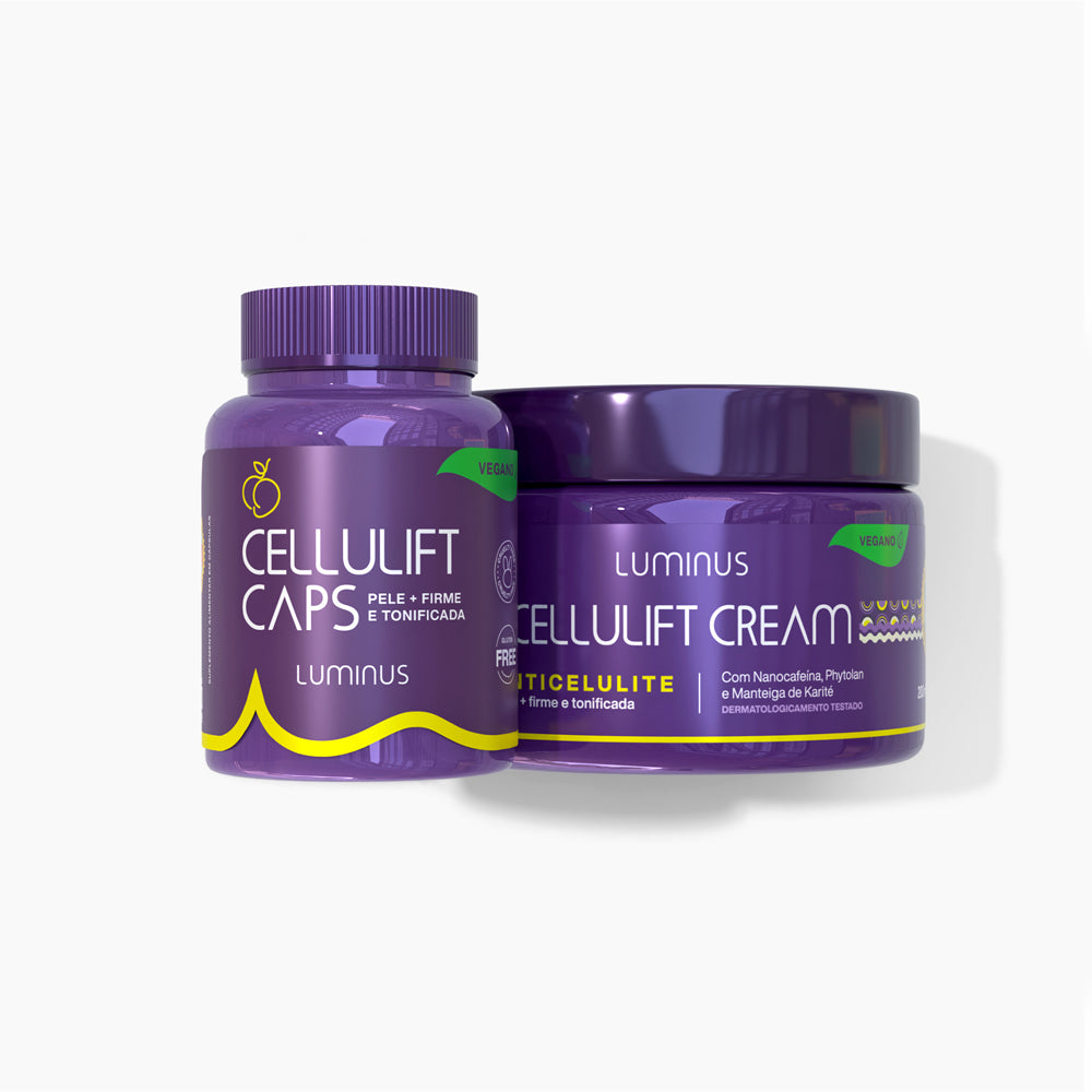 Dupla Anticelulite, Desfrute de uma pele visivelmente mais lisa e sem celulite com o combo Cellulift Caps + Cellulift Cream da Luminus. Atuando de dentro para fora e de fora para dentro, este duo poderoso melhora a circulação, reduz a retenção de líquidos e estimula o colágeno, oferecendo resultados surpreendentes. Experimente o tratamento completo para uma pele firme e rejuvenescida.. Cellulift Cream ajuda a suavizar a pele e reduzir a celulite, promovendo uma aparência mais firme.